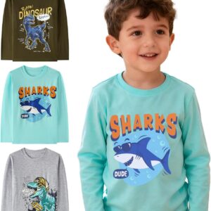 Demifill Toddler Boys Dinosaur Long Sleeve T-Shirts Crew Neck Truck T-Shirts Size 2-10Years Pack of 3 Multipack