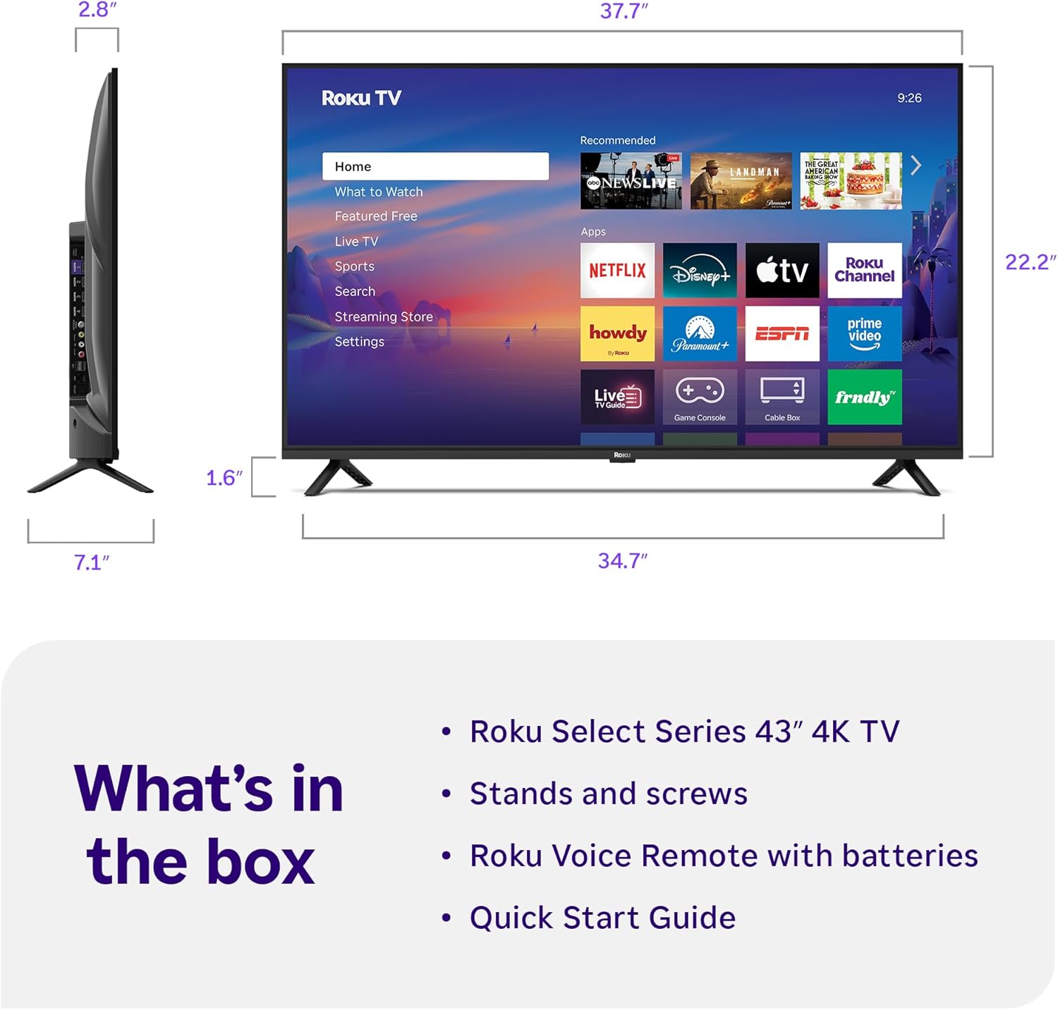 Roku Smart TV 2026 – 43-Inch Select Series, 4K HDR TV – RokuTV with Voice Remote – Flat Screen LED Television with Wi-Fi for Streaming Live Local News, Sports, & Movies – Bluetooth Headphone Mode - Image 8
