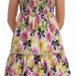Pink Rose Floral Ruffle Sleeve Girls’ Dress – Smocked Boho Tiered Toddler Dress