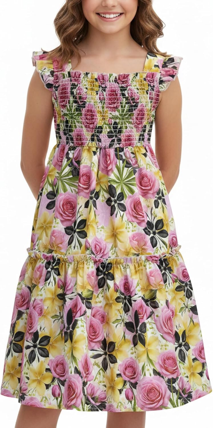 Pink Rose Floral Ruffle Sleeve Girls' Dress - Smocked Boho Tiered Toddler Dress