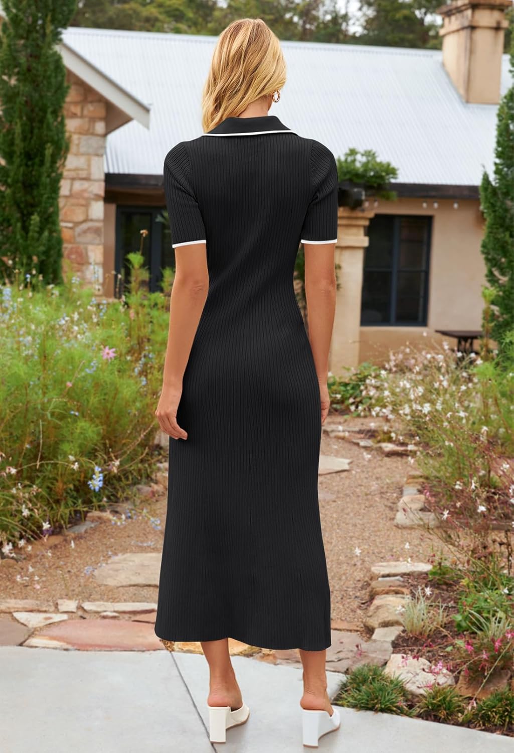 MEROKEETY Women's 2026 Spring Ribbed Maxi Dress Summer V Neck Button Short Sleeve Slim Fit Bodycon Knit Sweater Dresses - Image 5