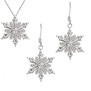 PINK TOWN Christmas Necklaces Earrings for Women,Vintage Crystal Snowflake Necklace Earring Set Dainty Rhinestone Winter Flower Pendant Necklace Party Jewelry Gifts