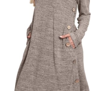 OFEEFAN Long Sleeve Dress for Women Crew Neck Tunic Dress with Pockets Buttons Side