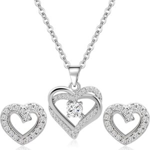 Silver Heart Shaped Jewelry Set Cubic Zirconia Heart Pendant CZ Adjustable Necklace and Simple Small Stud for Women