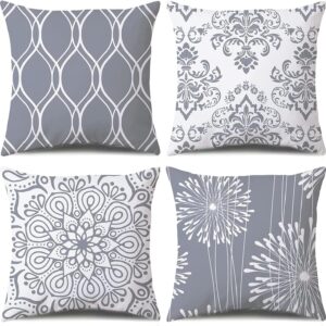 Coliuso Decorative Throw Pillow Covers 18×18 Set of 4, Grey and White Modern Simple Square Pillow Case Cushion Cover for Sofa Couch Farmhouse Outdoor Living Room (Gray and White, 18″ x18″)