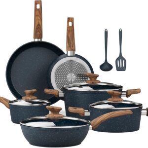 Kitchen Academy Pots and Pans Set Non Stick – 12 Piece Induction Kitchen Cookware Sets, Blue Granite Nonstick Cooking Pans Set