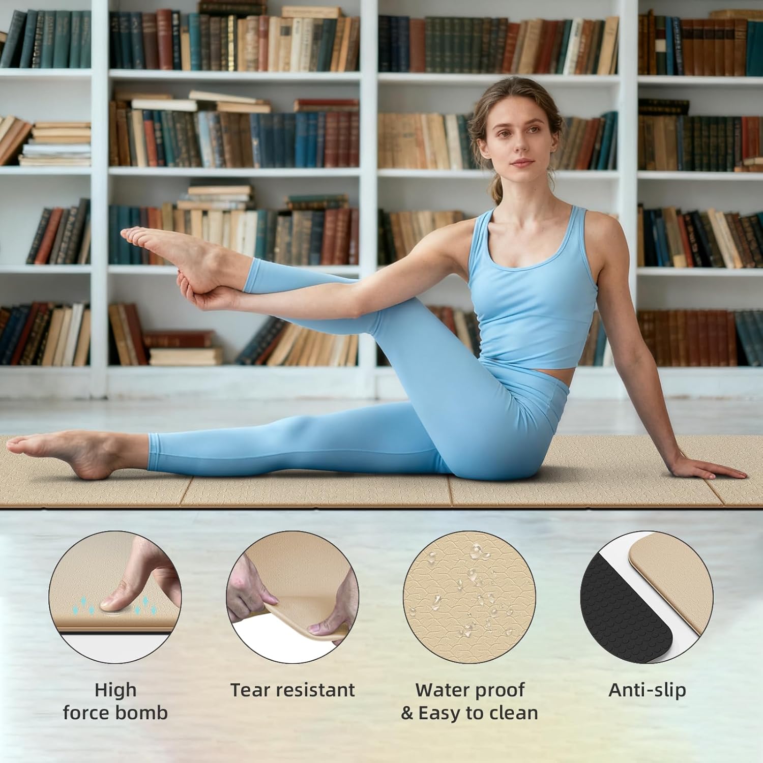 Foldable Yoga Mat Thick 10mm-WUWAN Extra Large Exercise Mat, TPE Material, Non-Slip Fitness Folding Mat Easy to Carry, Suitable for Home Workout Travel Pilates (75" x40",2/5") (Blue) - Image 2