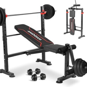 1500LB 8 IN 1 Weight Bench with Lat Pulldown and Leg Extension/Curl, Foldable Bench Press with Preacher Curl & Rack, Workout Benches with Safety Bar Catches for Home Gym(US Stock)