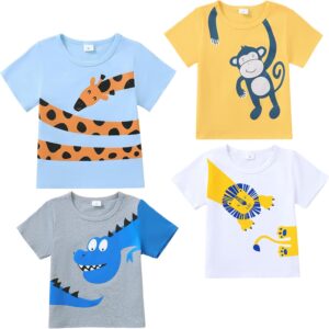 Jecson Toddler Boy Shirts Summer Short Sleeve T-Shirts Cotton Casual Graphic Crewneck Top Tees 4-Pack for 2-5 Years