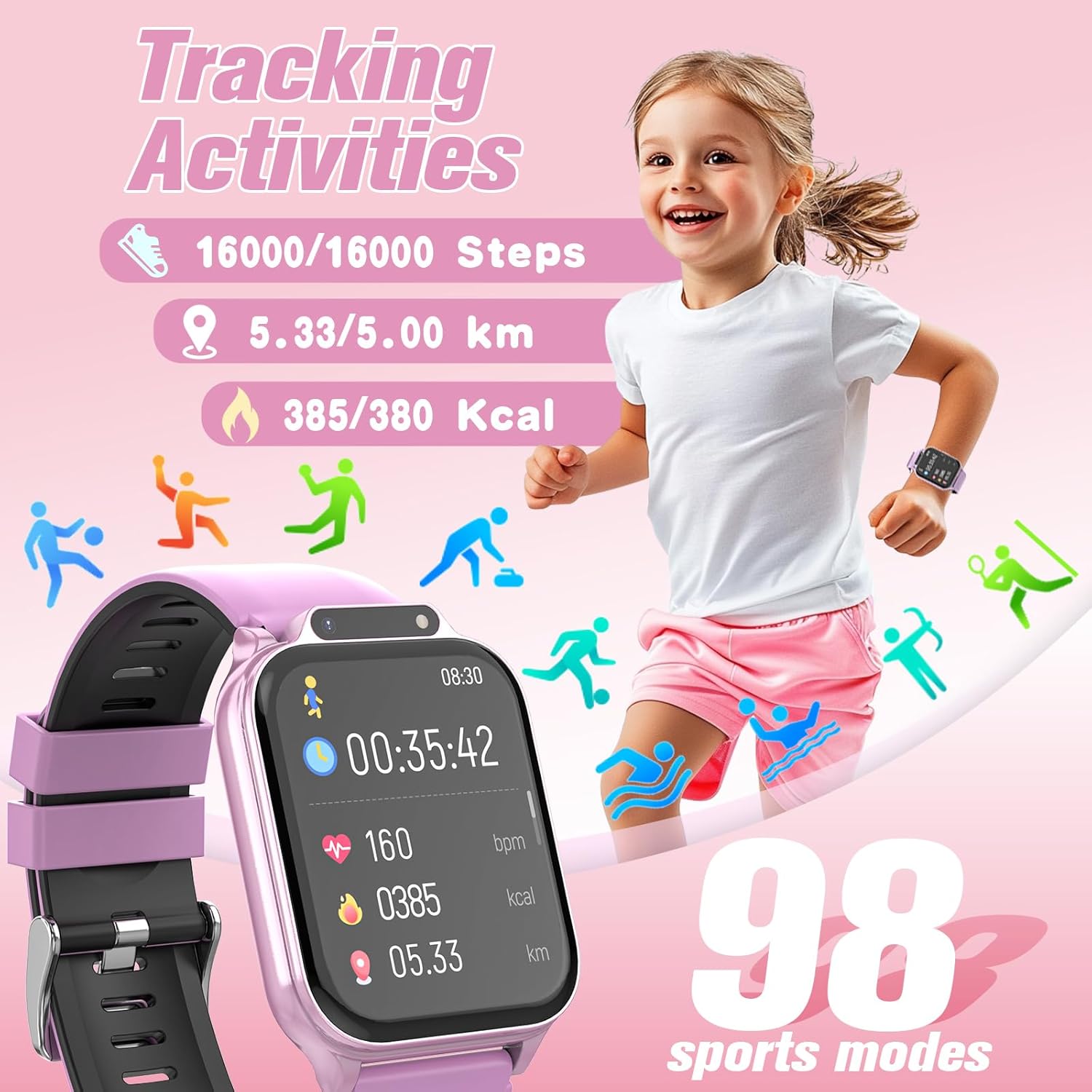 Smart Watch for Kids 1.85" with Fitness Tracker, Sleep Monitor, 22/100+ Sport Modes, DIY Dial, IP68 Waterproof, Step Counter, Heart Rate, Camera, with/Without APP, Gift for 3-12 Years Old Boys Girls - Image 4