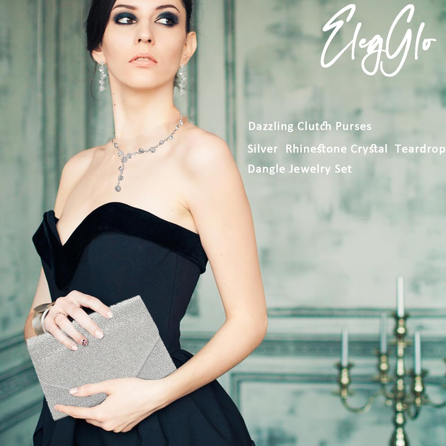 5 Pcs Purse Rhinestone Jewelry Set, RhinestoneClutch Purse Bride Prom Evening Rhinestone Jewelry Set Bling Necklace Earrings Bracelets Set for Wedding, Gold/Silver - Image 2