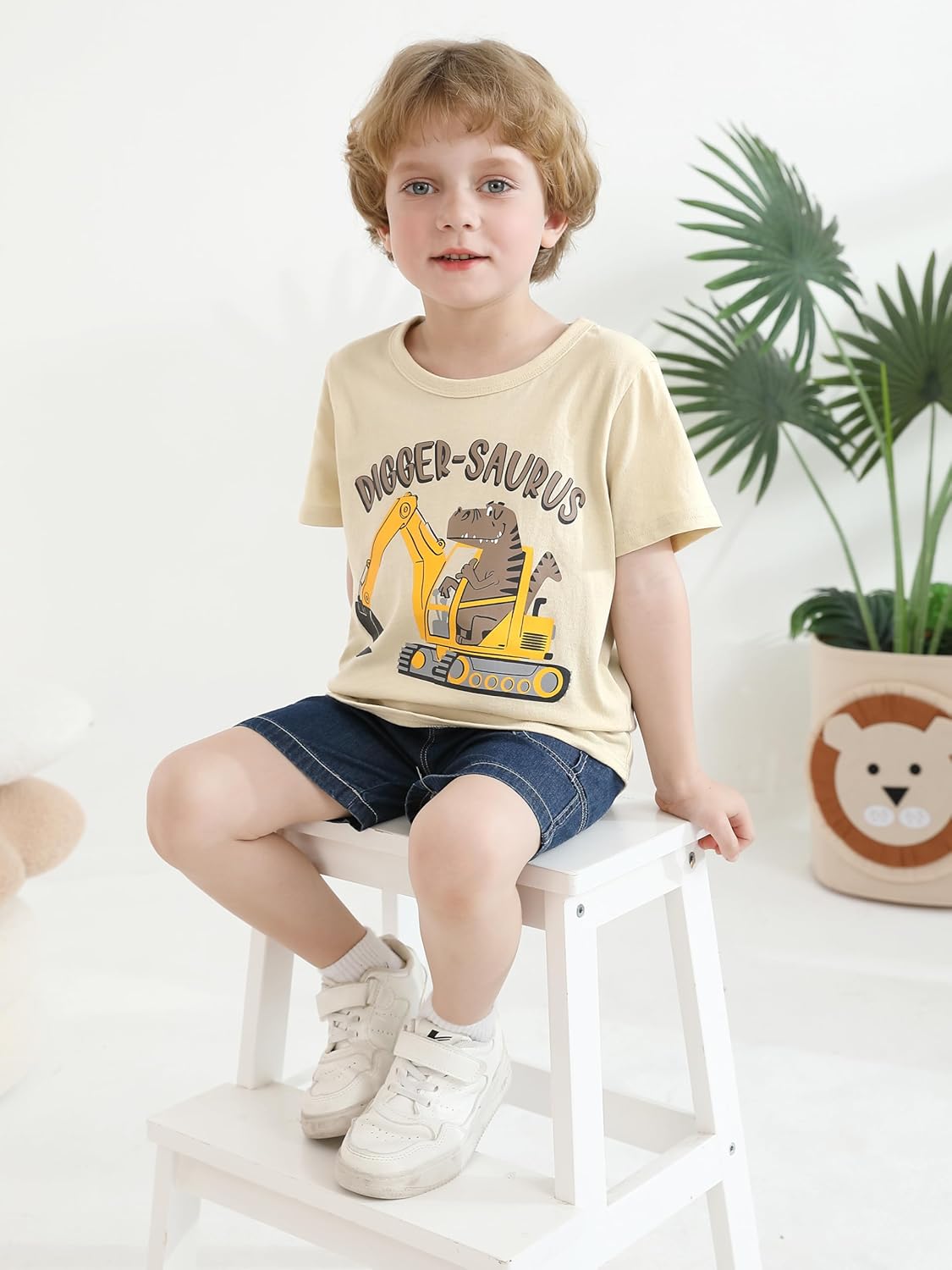 Poroka 4 Pack Toddler Boys Short Sleeve T-Shirts Crewneck Tee Shirts Cotton Cartoon Graphic Tops Tees Excavator Dinos Animal - Image 2