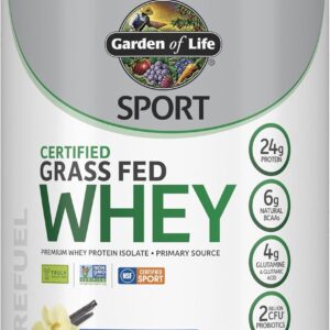 Garden of Life Sport Grass Fed Whey Protein Powder – 24g Whey Protein Isolate for Women & Men with Probiotics & Glutamine, Non-GMO, Gluten-Free, Cold-Processed, Vanilla Flavor, 20 Servings
