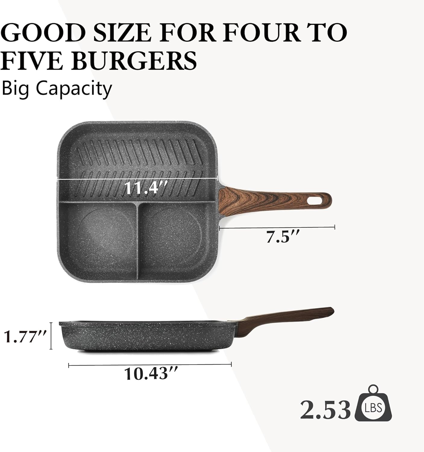 Sensarte Nonstick 11-Inch Square Grill Pan, 3-Section Versatile Breakfast Skillet, Die-cast Aluminum, PFOA, PFOS, APEO Free, Induction, Gas, Electric, Glass, Ceramic - Image 7