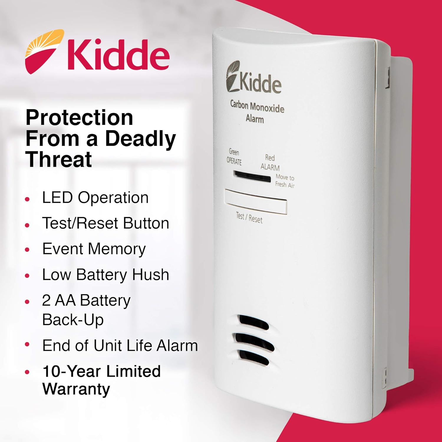 Kidde Carbon Monoxide Detector, Plug in Wall with AA Battery Backup, Test-Hush Button - Image 2