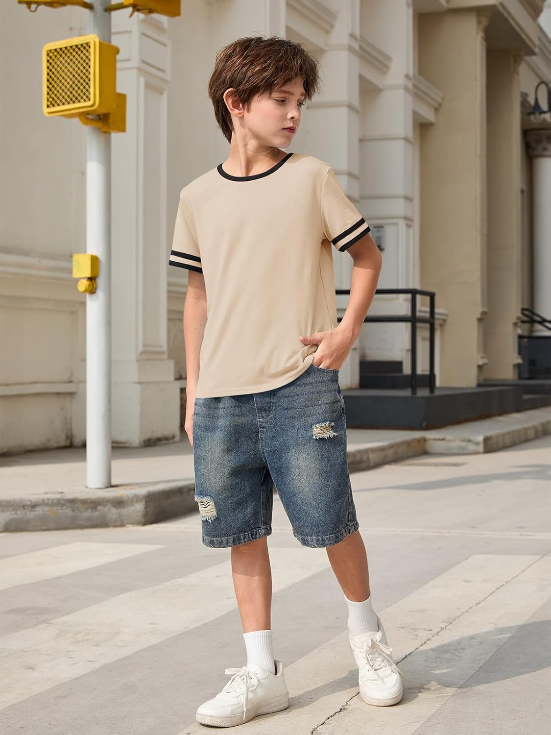 Haloumoning Boys Short Sleeve T Shirts Kids Summer Crewneck Color Block Tops Fashion Tees 5-14 Years - Image 4