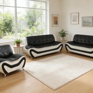 Leather Sectional Sofa Couches, Living Room Furniture Sets, Faux Leather Sofa Chair Set with Metal Feet, Modern 2 Sofas & 1 Chair Set for Living Room/Office/Dorm/Club, 3+3+1, Black & White