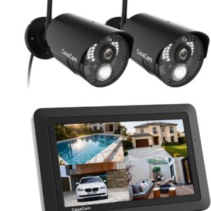 CasaCam GuardianCam Air | Wireless Security Camera System with 7″ Touchscreen Monitor and 2 720p Cameras | AC Powered, Two-Way Audio, Free APP, 32GB SD Card and Battery Installed, Model VS802