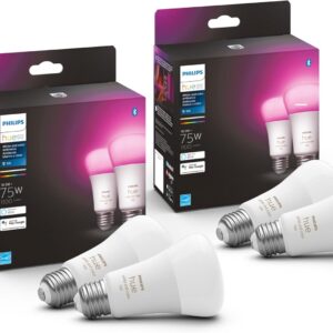 Philips Hue 75W A19 White and Color Ambiance LED Smart Color-Changing Bulb – Pack of 4 – E26 Indoor – Control with Hue App – Compatible with Alexa, Google Assistant, and Apple Homekit