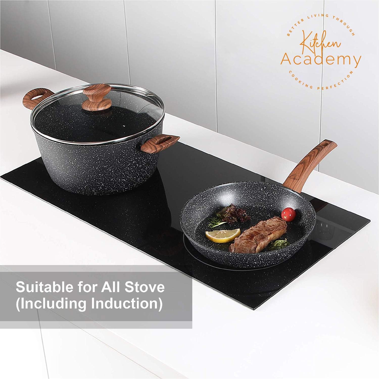 Kitchen Academy Induction Cookware Sets - 12 Piece Cooking Pan Set, Granite Black Nonstick Pots and Pans Set - Image 3