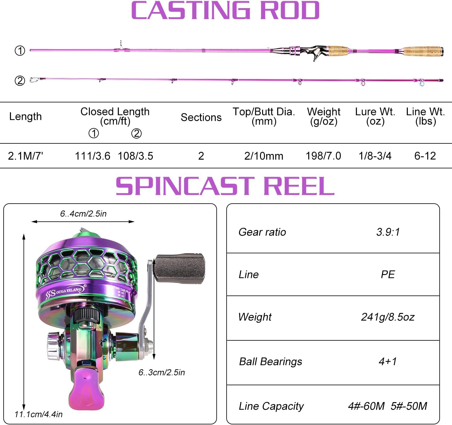 Sougayilang Spincast Fishing Rod Reel Combo,2 Pieces Medium Heavy Pole with Super Smooth Reel Trouble-Free Push-Button Bait Casting Design - Image 6