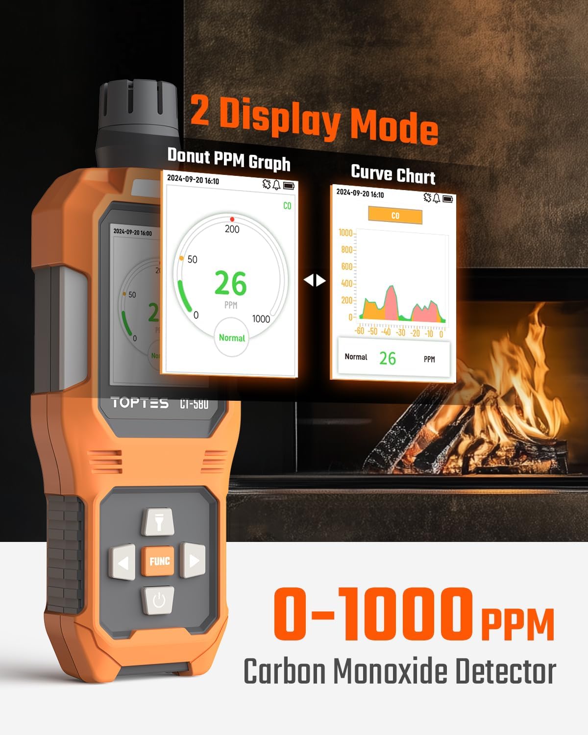TOPTES CT-580 Portable Carbon Monoxide Detector, Rechargeable CO Detector with Vibration, Visual & Audible Alarms, 0-1000PPM, TFT Color Display for Home, Camping, Travel, Industrial & Professional Use - Image 3
