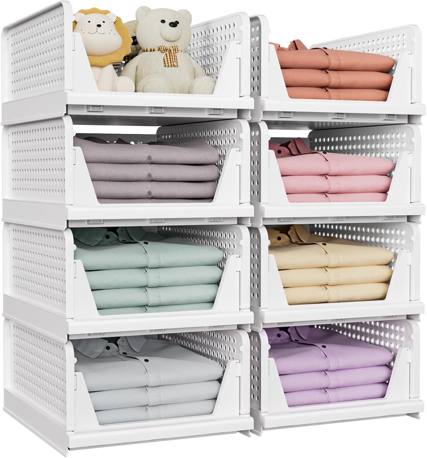 SNSLXH 5 Pack Stackable Closet Storage Basket, Multifunctional & Foldable Closet Organizer for Bathroom Kitchen Laundry Room Wardrobe Storage, Space-Saving Clothes Storage Drawer Organizer, White - Image 9
