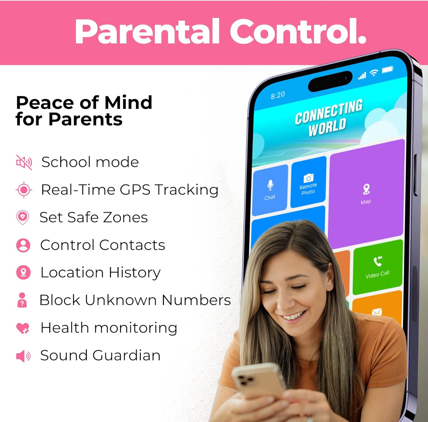 Smart Watch – Best Kid-Safe Phone Watch, Precision Real-Time GPS Tracking, Calls, Texts, Activity Tracking, School Mode, Parental Controls, SOS Button & Safety Alerts, Geo-Fence Zones (Pink) - Image 2