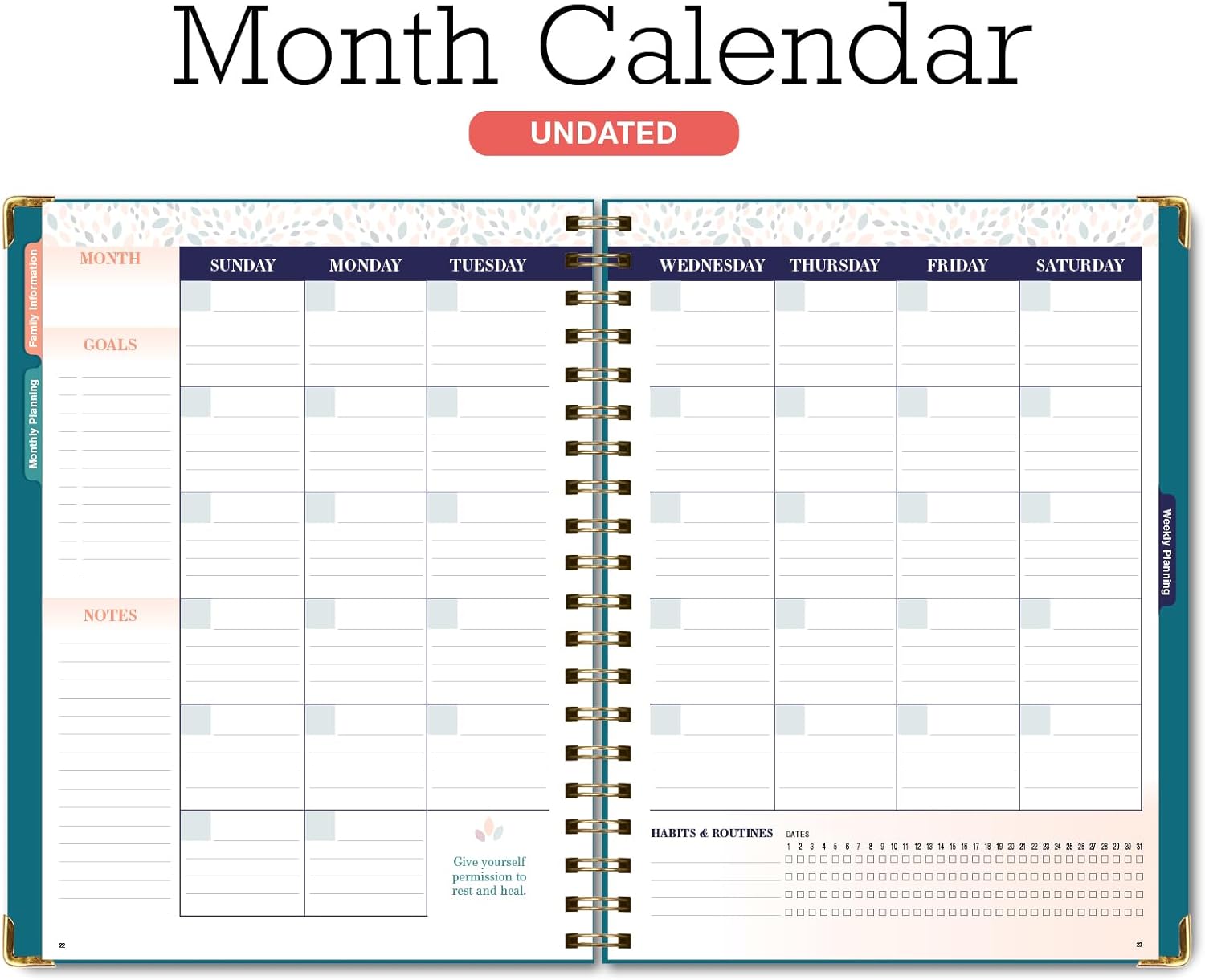 Undated Family Planner Organizer – 8.5" x 11" Weekly & Monthly Calendar for 5+ People, Meal Planning, Budgeting, Habit Tracker – Hardcover, Household Schedule Organizer for Parents, Kids, & Caregivers (Teal Floral) - Image 4