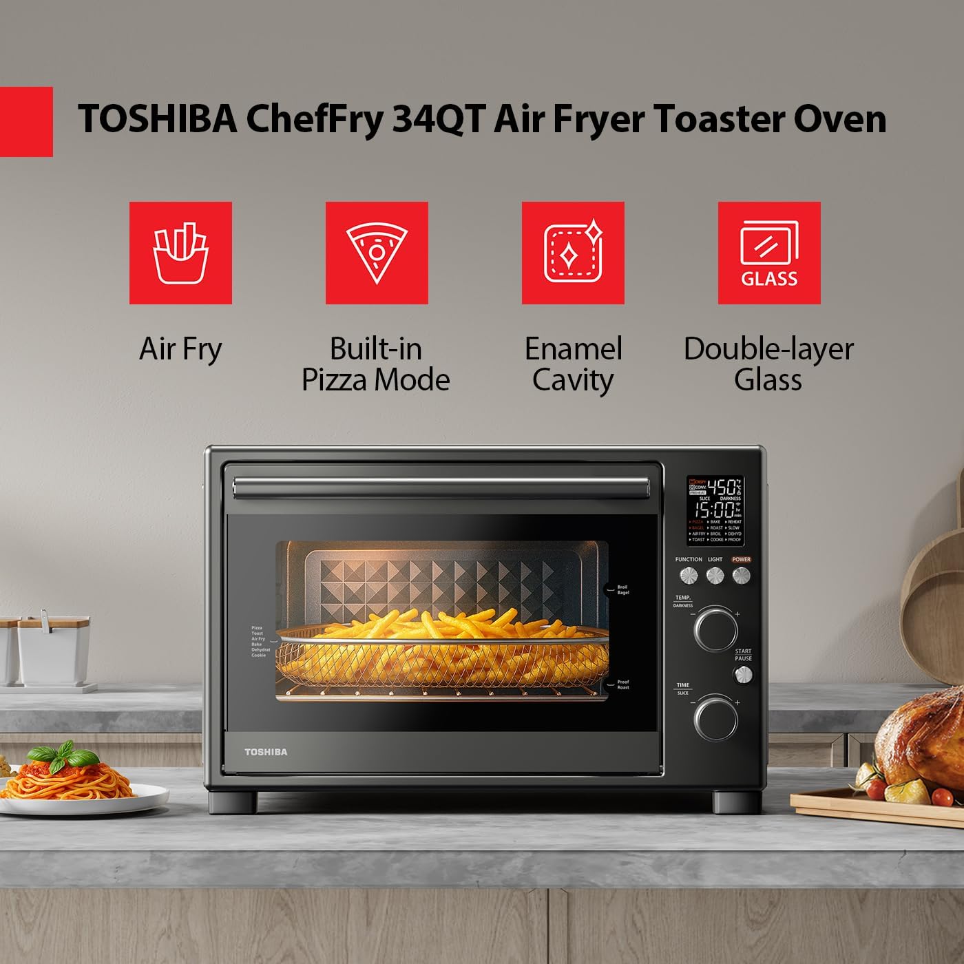 TOSHIBA ChefFry Air Fryer Toaster Oven Combo, 12-in-1 Convection Countertop Oven, 34QT / 32L Large Capacity, 1750W, Master Pizza Modes Design with Exclusive Dual-Temp Tech - Image 2
