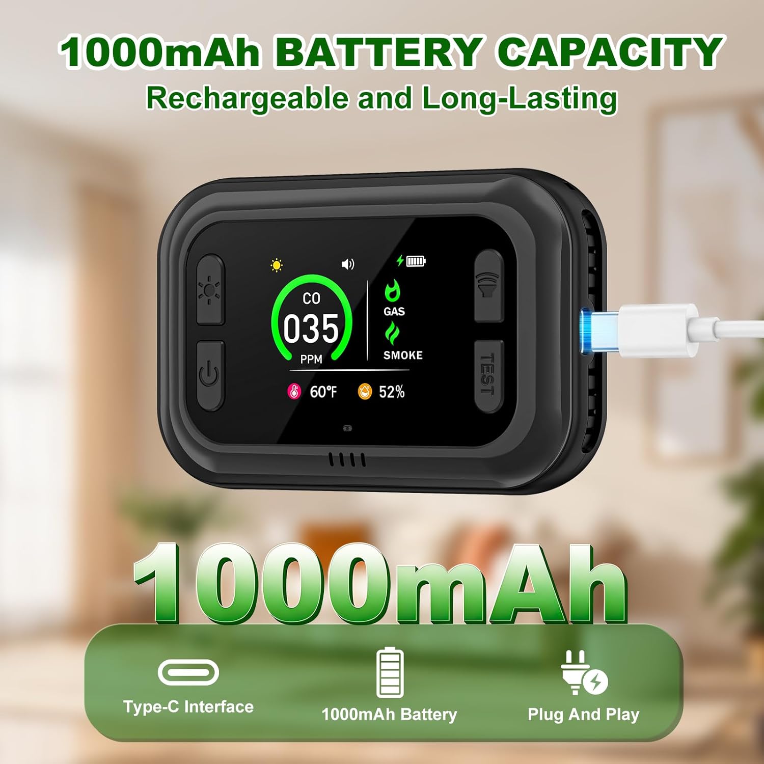 Carbon Monoxide Detector Plug in Wall, 5 in 1 Natural Gas Detector & Smoke Alarm with HD Digital Screen, Portable Smoke Detector for Travel, CO Propane Gas Detector for Home Hotel Camping RV (Black) - Image 4