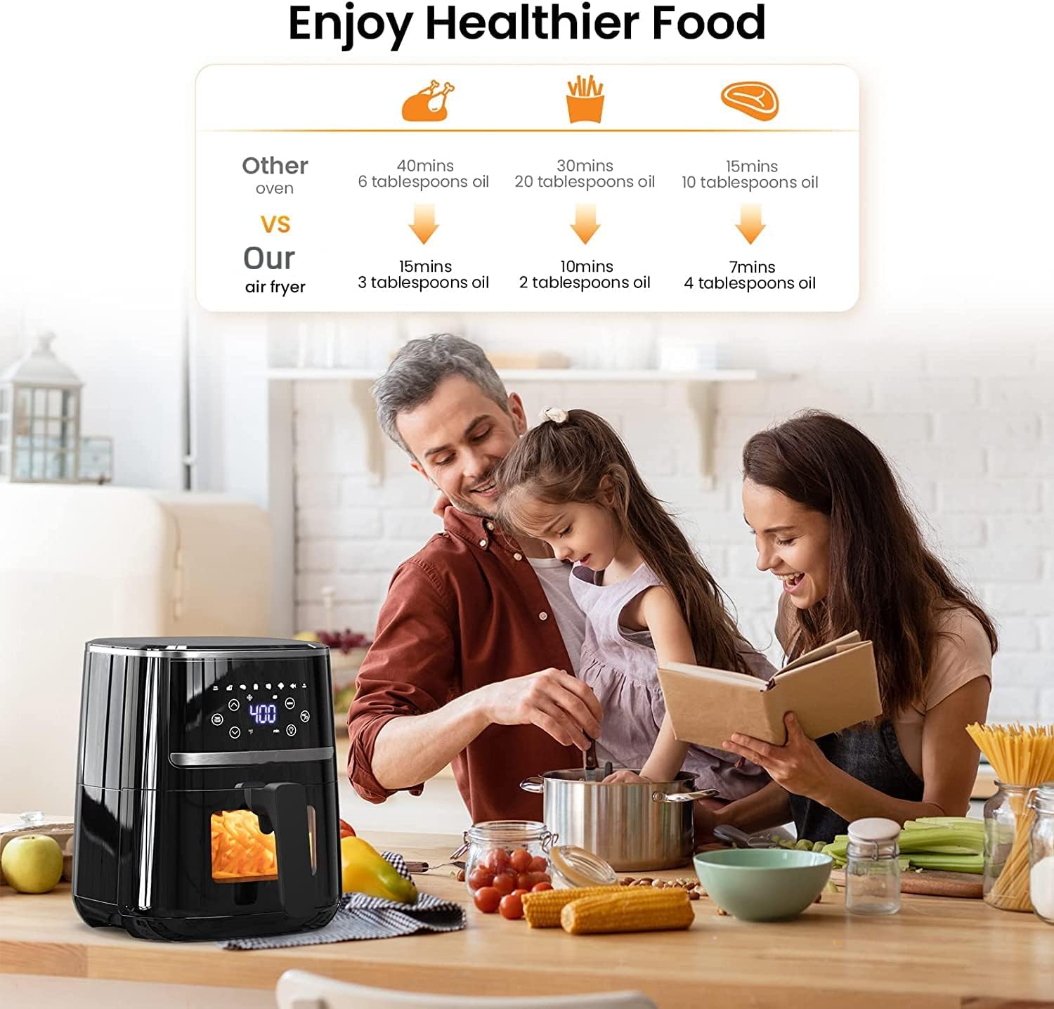 Air Fryer Oven 5 Qt Large Oil Free Touch Screen 1500W Mini Oven Combo with 7 Accessories, One-Touch Digital Controls, Nonstick Silicone Liner & Dishwasher-Safe Detachable Square Basket, Timer - Image 6