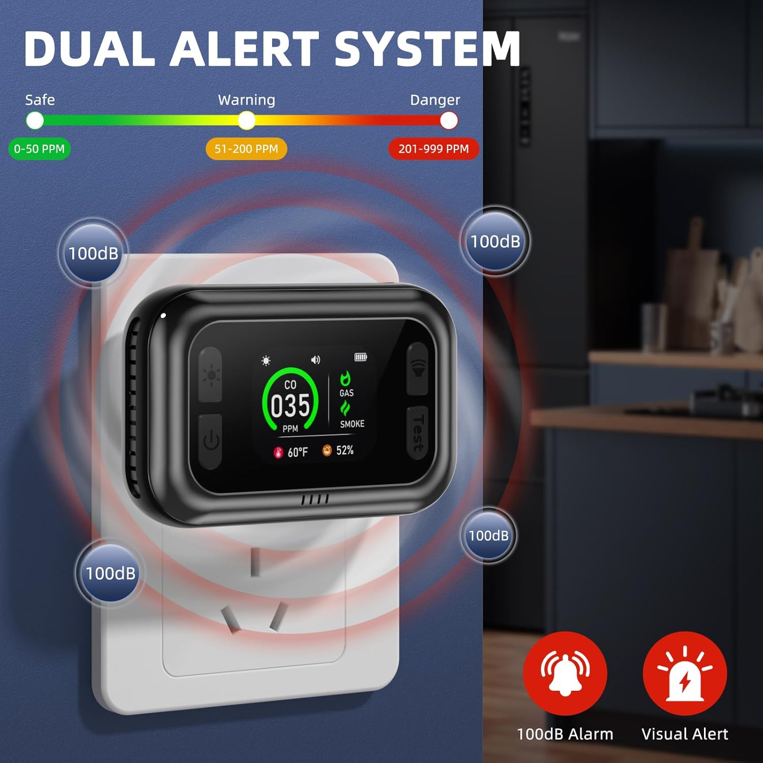 5 in 1 Carbon Monoxide Detectors, Natural Gas Detector & Smoke Detector with Dual Alarm & Bulit-in Battery, Propane CO Detector Plug in (Temp & Humidity) for Home RV Camping Travel (Black) - Image 4