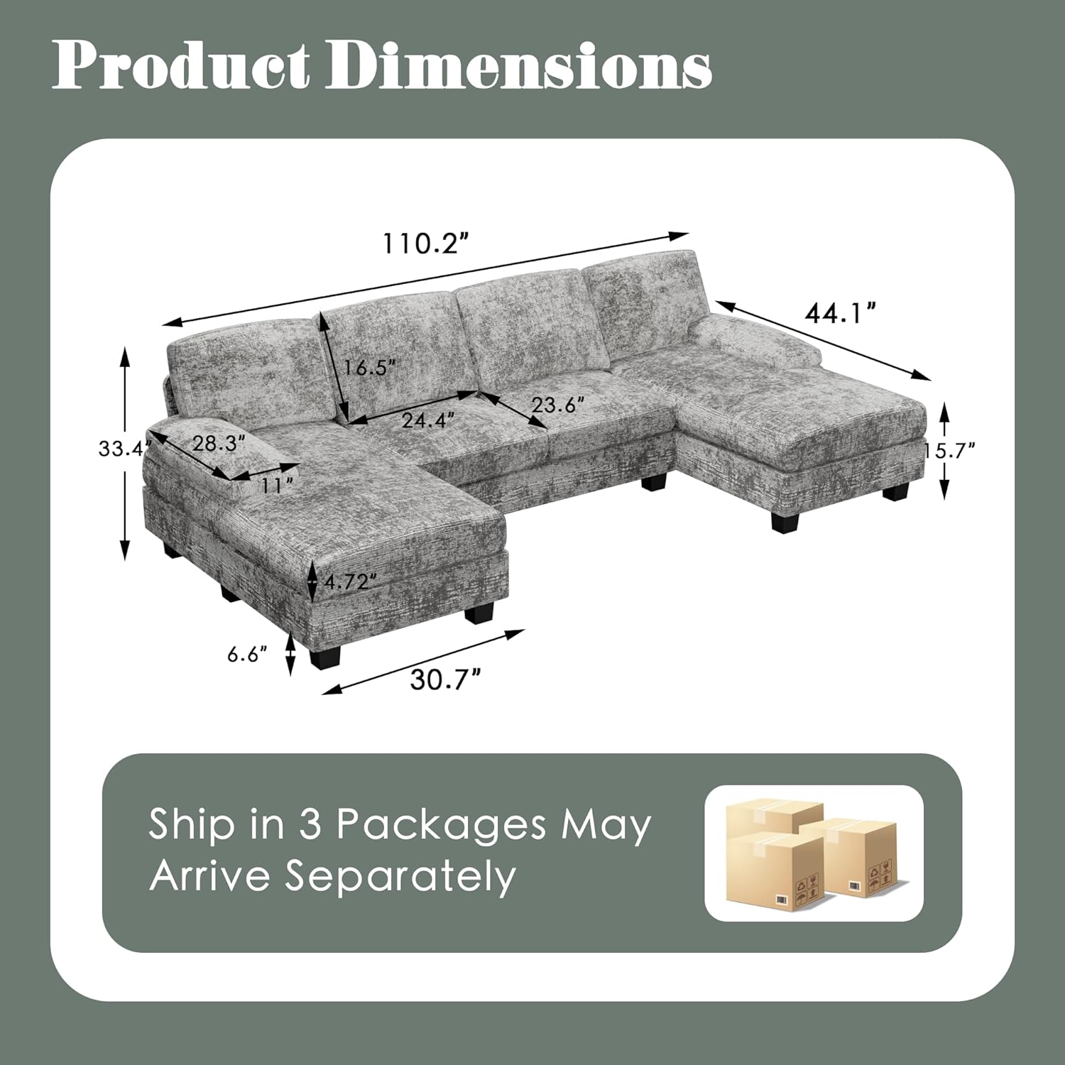 Furniwell Convertible Sectional Sofa Couch, 4 Seat Sofa Set for Living Room U-Shaped Modern Fabric Modular Sofa Sleeper with Double Chaise & Memory Foam (Fabric, Grey) - Image 2