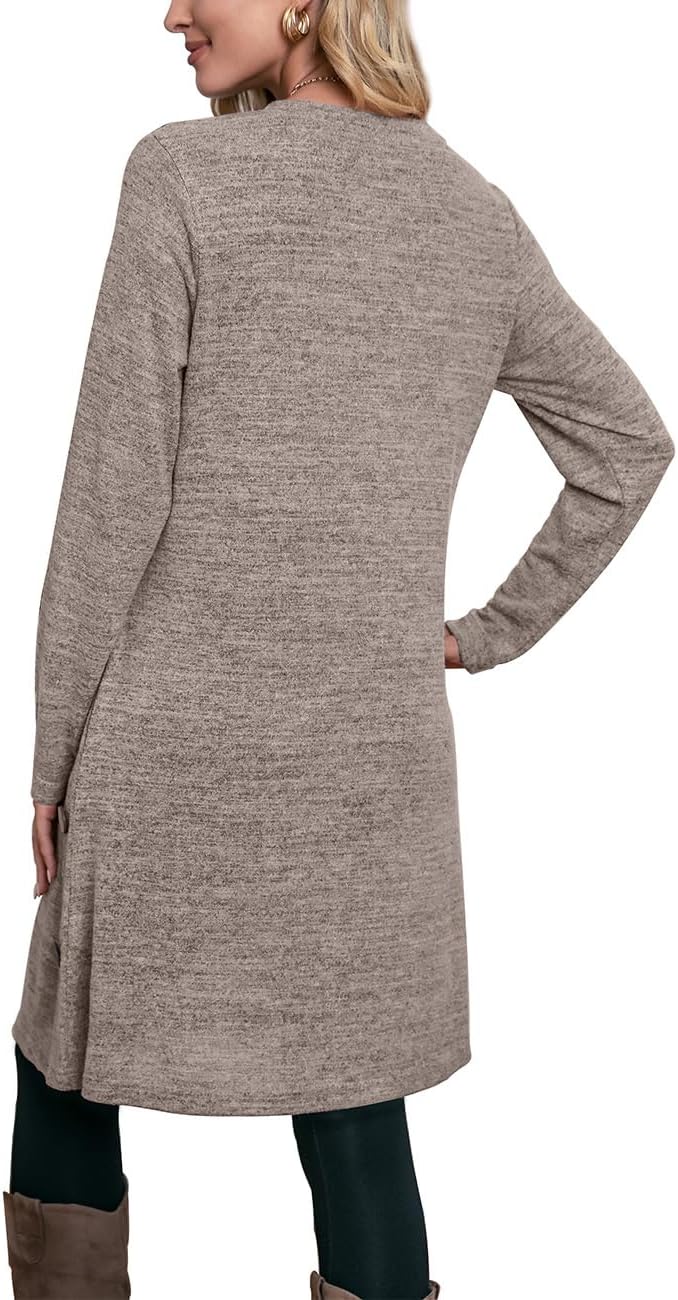 OFEEFAN Long Sleeve Dress for Women Crew Neck Tunic Dress with Pockets Buttons Side - Image 5