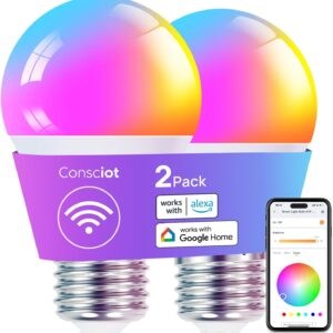 Consciot Smart Light Bulbs, WiFi LED Light Bulb That Works with Alexa & Google Home, Music Sync, Color Changing Light Bulb, A19 E26 2.4Ghz WiFi Light Bulbs 60 watt Equivalent, 800lm Dimmable 2 Pack