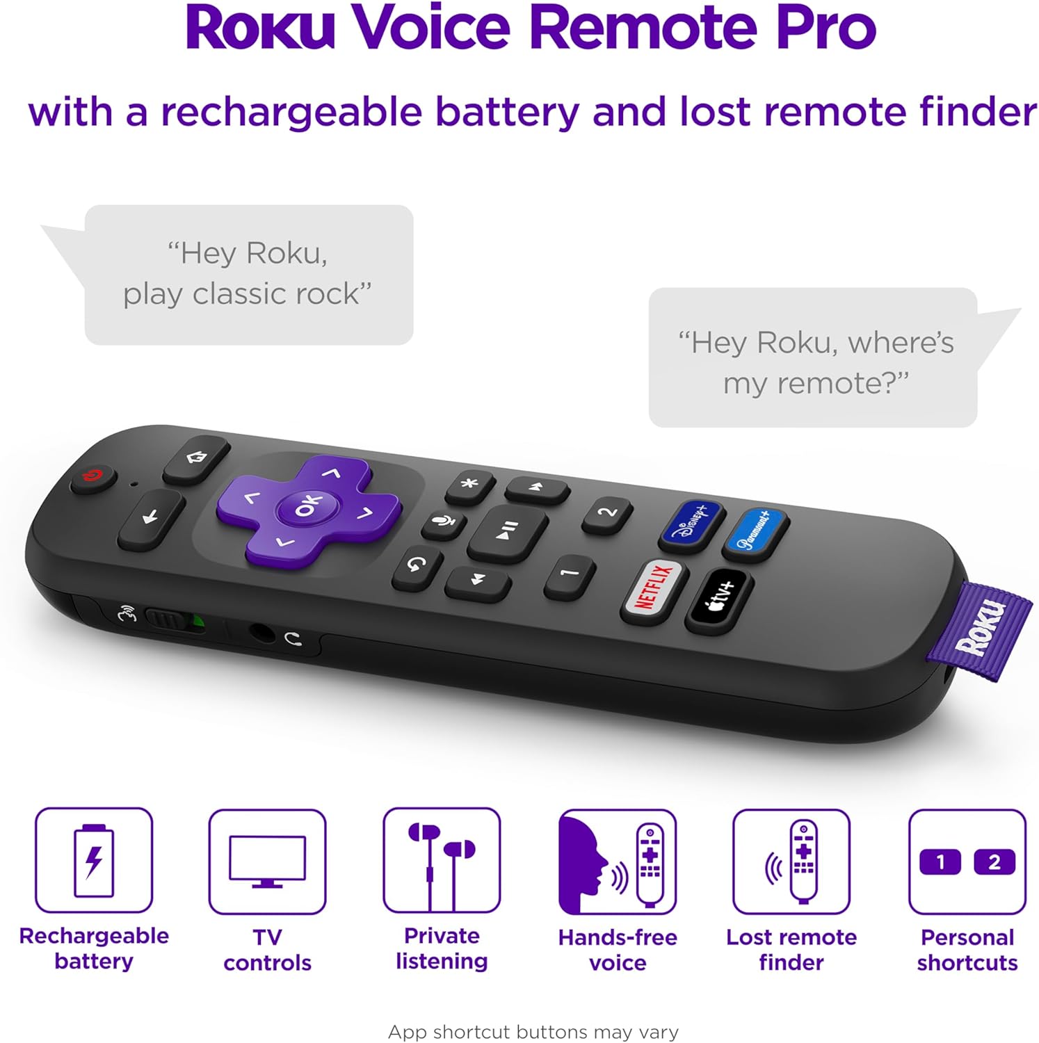 Roku Voice Remote Pro (1st Ed.) | Rechargeable TV Remote Control with Hands-free Voice Controls, Headphone Mode, & Lost Remote Finder - Replacement Remote Compatible with All Roku TV, Players & Audio - Image 2
