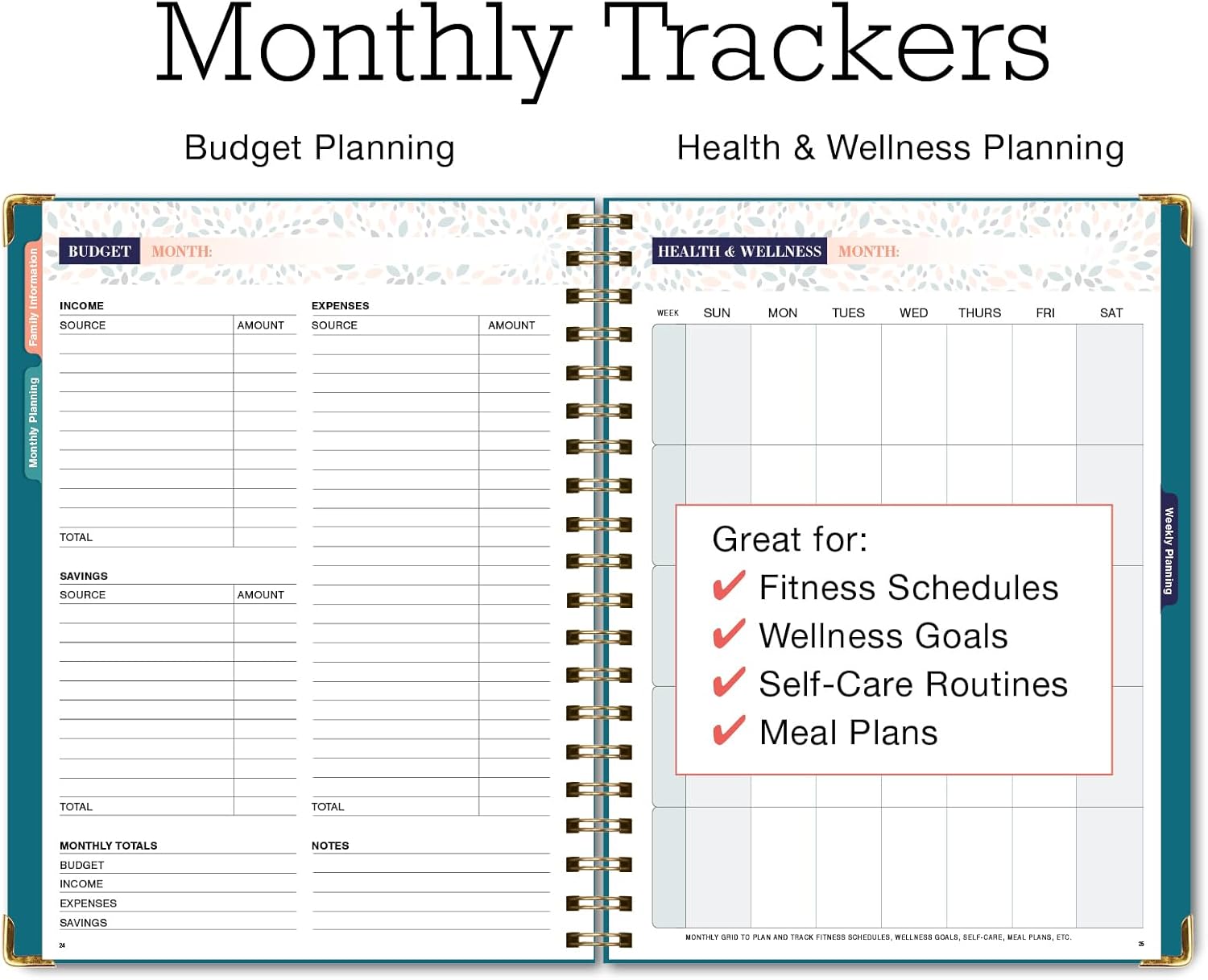 Undated Family Planner Organizer – 8.5" x 11" Weekly & Monthly Calendar for 5+ People, Meal Planning, Budgeting, Habit Tracker – Hardcover, Household Schedule Organizer for Parents, Kids, & Caregivers (Teal Floral) - Image 5