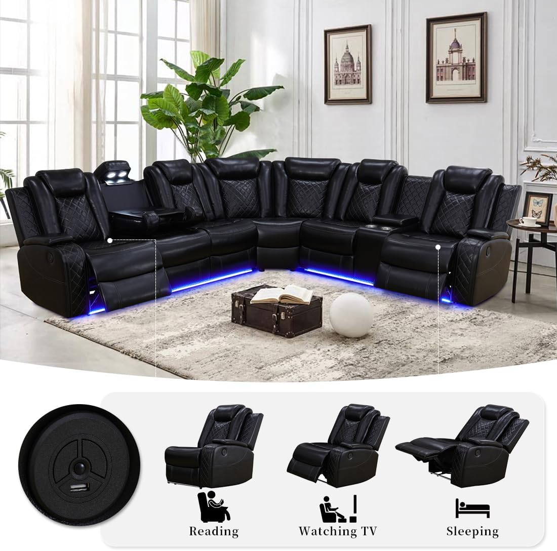 Power Recliner Sectional Sofa Set,Living Room Furniture Sets,Black Leather Sectional Reclining Couch Power Reclining Sofa with LED Light/Storage Console for Living Room - Image 6