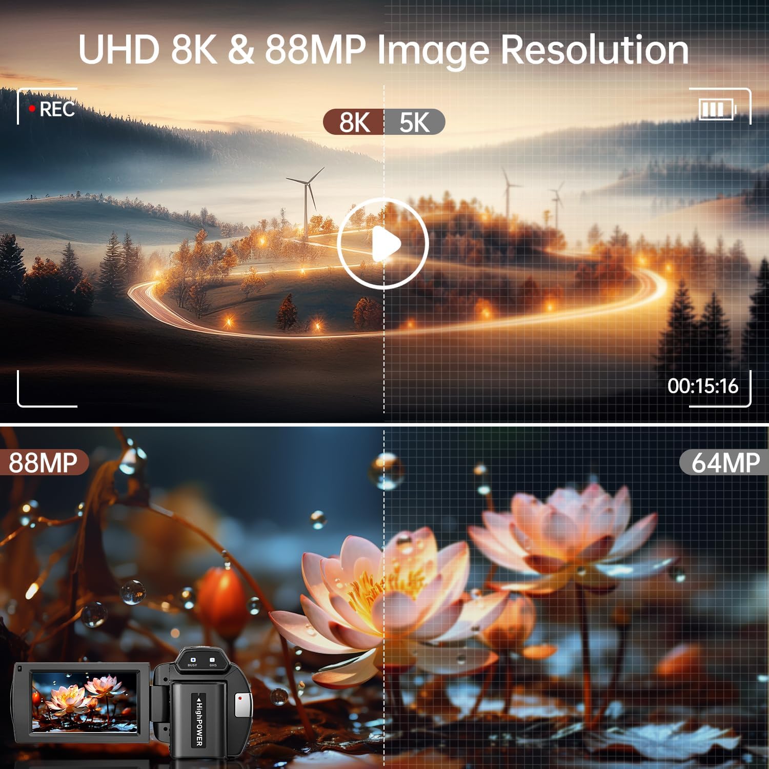 8K Video Camera Camcorder 88MP UHD WiFi Vlogging Cameras for YouTube 18X Digital Zoom IR Night Vision 3.0''Touch Screen Camera with 32GB Card, Microphone, Stabilizer, Lens Hood, Remote, Batteries - Image 2