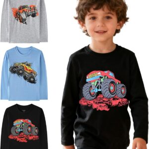 Demifill Toddler Boys Dinosaur Long Sleeve T-Shirts Crew Neck Truck T-Shirts Size 2-10Years Pack of 3 Multipack