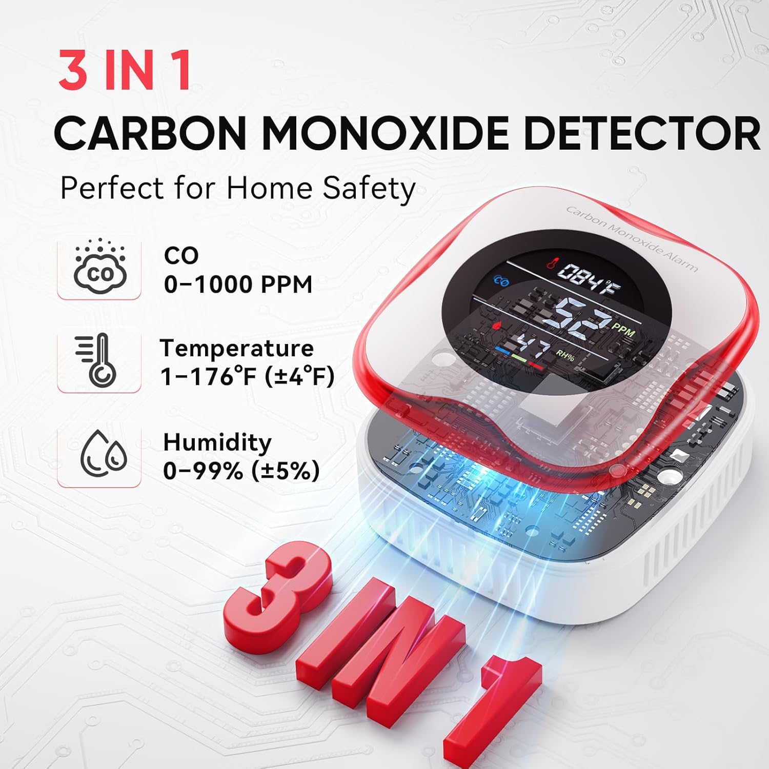 Carbon Monoxide Detectors Plug in, 3-in-1 Portable CO Detector with Temperature & Humidity Display for Home, Hotel, RV & Travel - Image 2