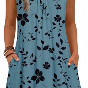 Zeagoo Summer Dresses for Women 2026 Sleeveless Dress V Neck Tank Dress Pleated Floral Tshirt Sundresses with Pockets