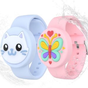 Waterproof Airtag Bracelets for Kids – (2 Pack) Soft Silicone Hidden Airtag Wristband – Lightweight GPS Tracker Holder Compatible with Apple Airtag Band for Child(Butterfly/Cat)