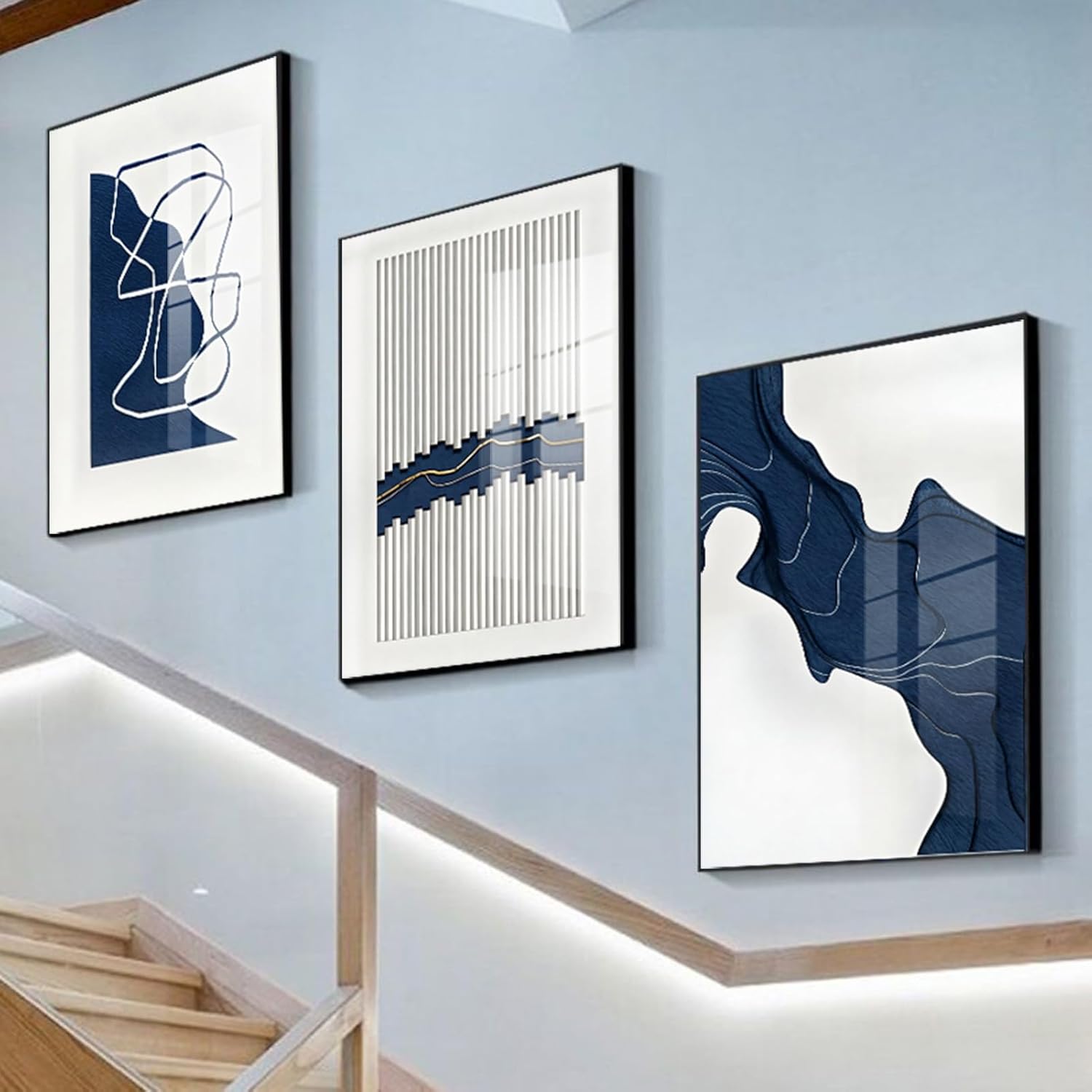 ARTFEB Navy Blue Wall Art, Abstract Blue and White Painting Wall Art for Living Room Decor,Black Framed Wall Decor for Bedroom Bathroom Home Office, 24x32 inch,3 Piece - Image 2