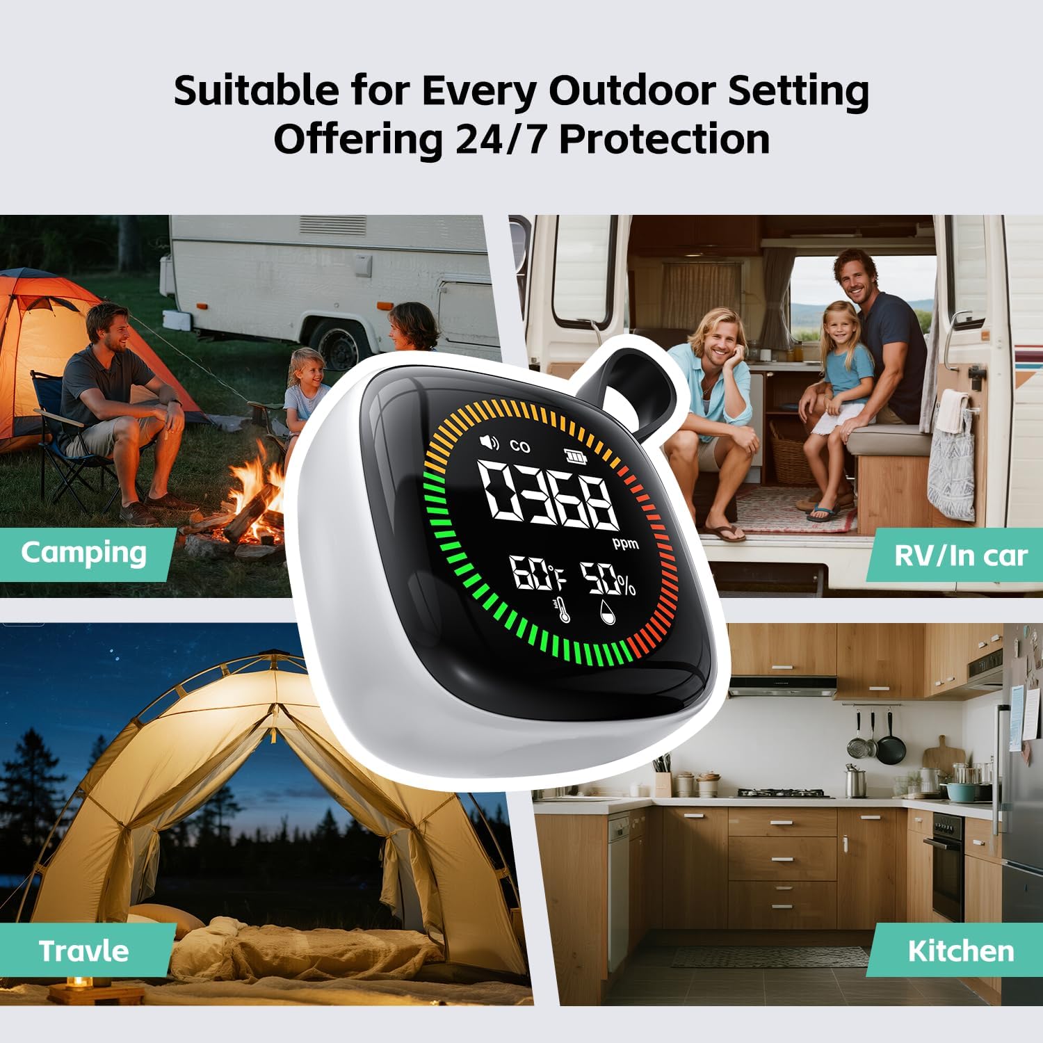 3-in-1 Carbon Monoxide Detectors Battery, Travel, Portable CO Detector, RV CO Alarm Temp/Hum Sensor, Rechargeable CO Monitor, for Home, Car, Travel, Camping-White - Image 6