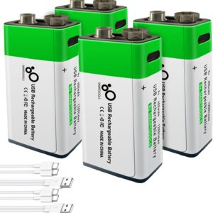 4 Pack 9v Batteries,9 V Battery for Smoke Alarms,9volt Battery for Smoke Detector, USB Type C Rechargeable Lithium Square Rechargeable 9 Volt Batteries with Charger