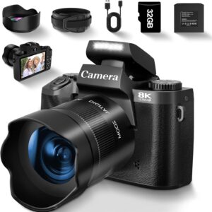 8K Digital Camera for Photography, Vlogging Camera for YouTube with Autofocus, 4 Inch Touchscreen 16X Digital Zoom Video Camera with 3000mAh Battery, Dual-Lens, Lens Hood, 32GB TF Card and Flash,Black