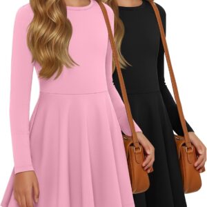 2 Pack Girls Long Sleeve Dress Skater Twirl a Line Crewneck Casual Fall Dresses for Kids 5-14 Years
