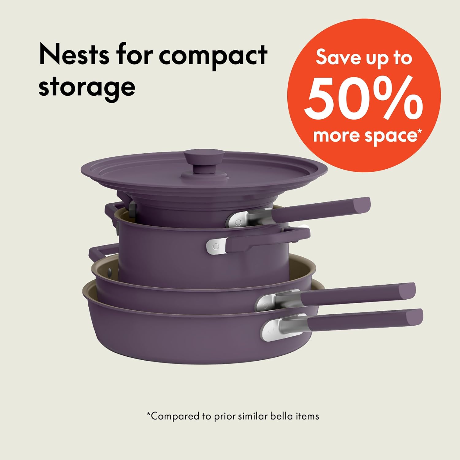 bella 9 Piece Ceramic Nonstick Cookware Set, Fits-anywhere™ Kitchenware w EverGood™ Coating, Dishwasher & Oven Safe, All Stovetops Compatible, Stackable Design, Cool Touch Handles, Plum - Image 3